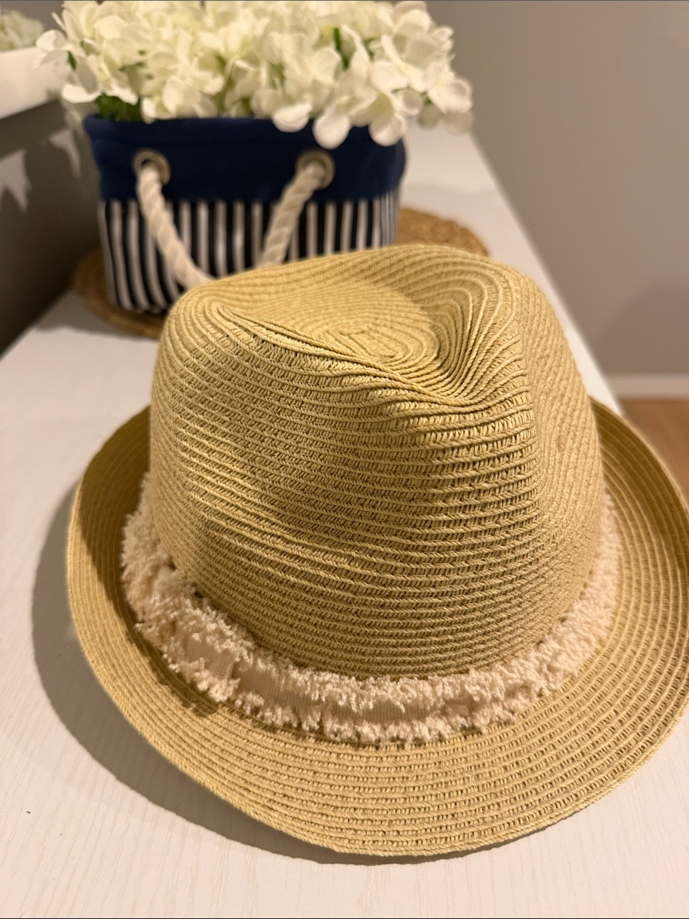 Straw Fedora Hat with Frayed Band - Beige